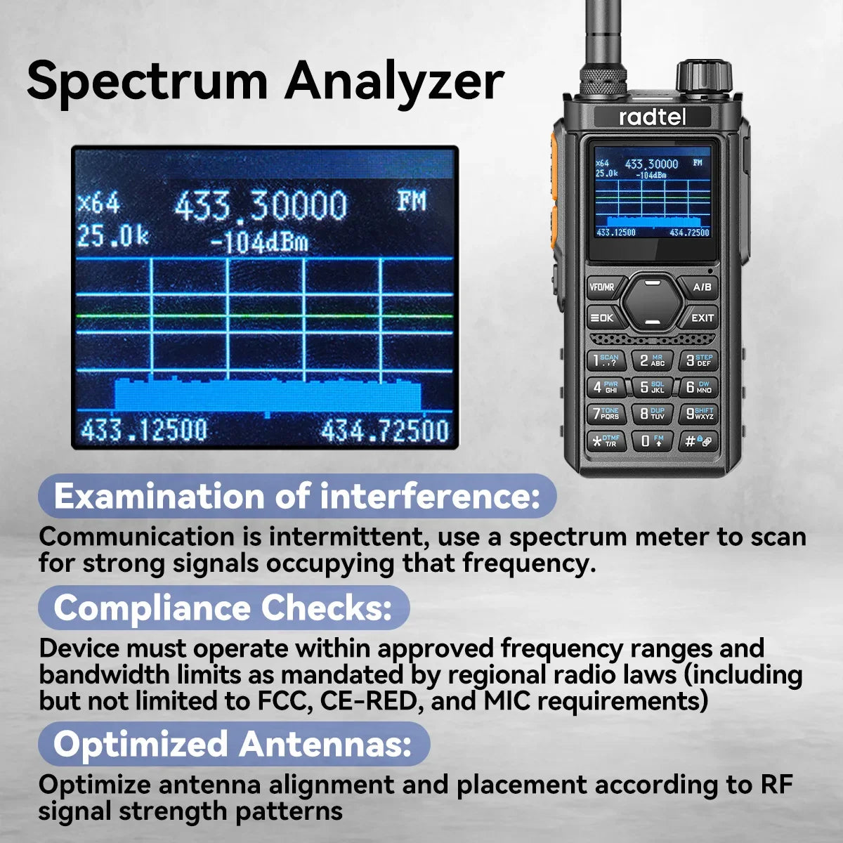 Radtel RT-910 Spectrum Analyzer AM FM Ham Radio 45-59Mhz TX/RX Walkie