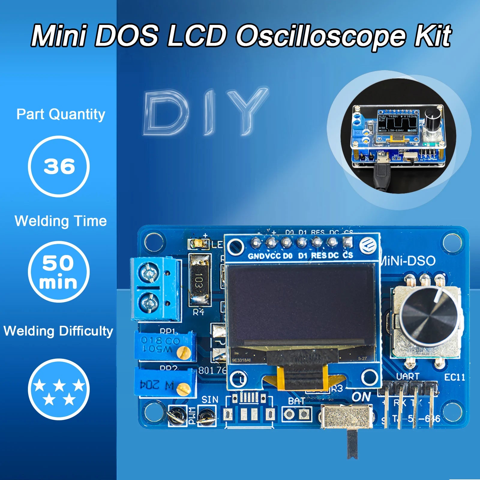 Mini DOS LCD Oscilloscope Kit STC8K8A Single Chip Microcomputer